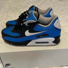 Excellent Used Condition. Men’s Nike Air Max Size 8 Blue/Black/White. Customized From Nike Website Blue Nike Air Max With Synthetic Material, Blue Nike Air Max With Cushioning, Blue Nike Air Max Lace-up For Sports, Blue Synthetic Nike Air Max With Cushioning, Custom Running Sneakers With Branded Insole, Dynamic Blue Synthetic Sneakers, Blue High-top Nike Air Max With Boost Midsole, Blue Nike Air Max High-top Shoes, Blue Synthetic Nike Air Max For Running