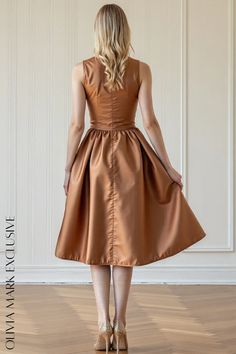 Olivia Mark - Caramel Satin Midi Dress with Flared Skirt and Sleeveless Design Brown A-line Midi Dress For Evening, Fitted Midi Dress With Gathered Skirt For Party, Elegant Sleeveless Dress With Gathered Skirt, Fall Dresses With Gathered Full Skirt, Fitted Sleeveless Full Skirt Dress For Spring, Fall Dresses With Full Gathered Skirt, Brown Sleeveless Party Dress For Spring, Brown Sleeveless Spring Party Dress, Fall Midi Dress With Gathered Skirt