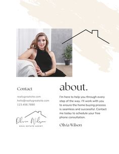 an advertisement for a real estate agent, with a photo of a woman in black dress