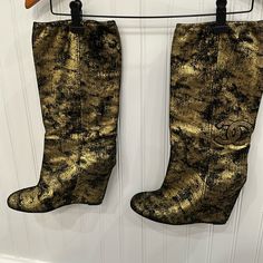 Authentic Chanel, Jean Like Material, Tall, Wedge Boots. Gently Used, Fit For A Fabulous Lady That Likes To Be Unique! Tall Wedge Boots, Gold Wedge Heels, Gold Boots, Prada Fashion, Gold Wedges, Wedge Heel Boots, Chanel Black, Chanel Shoes, Wedge Boots