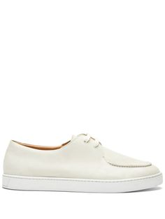 off-white calf leather smooth grain moc stitching round toe front lace-up fastening branded leather insole flat rubber sole Classic Leather Lace-up Shoes With White Sole, Cream Leather Sneakers With Stitched Sole, Cream Leather Lace-up Shoes With Leather Sole, White Lace-up Leather Shoes With Stitched Sole, Modern Lace-up Shoes With Textured Sole And Plain Toe, Classic White Lace-up Shoes With Textured Sole, White Lace-up Shoes With Textured Sole And Plain Toe, Modern Lace-up Shoes With Textured Sole, Classic Low-top Lace-up Shoes With Rubber Sole