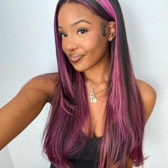 Model Show Hair Material 100% Human Hair From One Donor Color Black With Purple Highlight Lace 5x5 13x4 13x6 lace wig Can Be Dyed Yes, Last for one more year Hairline Pre-plucked Natural Hairline Wig Combs 13x4 &13x6 Lace-4 Combs Inside; 5x5 Lace-1 Comb Inside Cap Size Average Size, with Adjustable 4 Strap Free Shipping USA (3-5 Bdays), others (5-7 Bdays) Returns Accept 30-day no reason return & exchange, with hair not be used Free Gifts Wig cap,exquisite Gift Packs Black Hair With Purple Highlights, Black Hair With Purple, Hair With Purple Highlights, Pink Peekaboo Highlights, Hair With Purple, Purple Hair Highlights, Lace Closure Hairstyles, Purple Highlights, Black Hair With Highlights