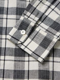 MR P. Checked Organic Cotton and Linen-Blend Shirt for Men Classic Plaid Linen Shirt, Cotton Gingham Tops For Everyday, Casual Plaid Linen Tops, White Relaxed Fit Cotton Flannel Shirt, District Vision, Mr P, Linen Blend Shirt, Notes Design, Suede Jacket