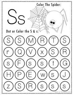 the letter s is for spider coloring page with letters and numbers to color on it