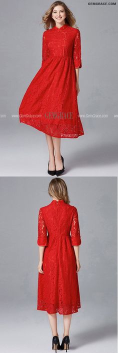 10% off now|Free shipping world-wide. L-5XL Red Lace Chipao Midi Dress with Collar at GemGrace. Click to learn our pro custom-made service for wedding dress, formal dress. View #SemiFormalDresses for more ideas. High Neck Lace Dress For Party, Red Lace Knee-length Dress For Spring, Red Knee-length Lace Dress For Spring, Red Knee-length Lace Dress For Formal Occasions, Elegant Red Lace Patchwork Dress, Elegant Red Lace Midi Dress, Elegant Red Dress With Lace Patchwork, Best Wedding Guest Dresses, Dress With Collar