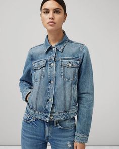 Fall Medium Wash Rigid Denim Jacket, Classic Medium Wash Rigid Denim Jacket, Medium Wash Rigid Denim Outerwear For Fall, Fall Medium Wash Rigid Denim Outerwear, Fitted Denim Jacket With Pockets In Rigid Denim, Fitted Denim Jacket With Pockets, Classic Rigid Denim Jacket For Spring, Classic Spring Denim Jacket In Rigid Denim, Classic Long Sleeve Rigid Denim Jacket