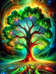 a painting of a tree with colorful lights and swirls on it's branches