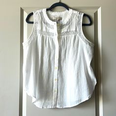 Loft Petite M White Button Up Sleeveless Shirt No Tags But Never Worn Cotton Button-up Vest Top, Casual Cotton Tank Top With Button Closure, Casual Cotton Tank Top With Buttons, Casual Sleeveless Blouse With Buttons, Sleeveless Tops With Buttons For Vacation, Casual White Buttoned Tank Top, Sleeveless Buttoned Top For Vacation, Cotton Tank Top With Buttons, White Buttoned Tank Top