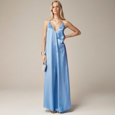 Satin V-neck Halter Dress For Evening, Satin Silk Dress For Night Events, Solid Satin Maxi Dress For Summer, Solid Satin Summer Dress, Chic Silk Slip Dress For Night, Summer Satin Backless Halter Dress, Sleeveless Satin Day Dress, Solid Satin Slip Dress For Evening, Sleeveless Satin Finish Day Dress