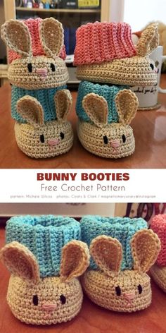 crocheted bunny booties are sitting on top of a table