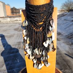 Incredible Ebony Wood And Shell Bib Style Choker. A Total Stunner. Monies Jewelry, Oversized Necklace, Resin Pendant Necklace, Bone Necklace, Brown Necklace, Seashell Jewelry, Horn Necklace, Purple Necklace, Unusual Jewelry