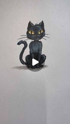 a drawing of a black cat sitting on top of a white wall with yellow eyes