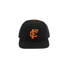 a black and orange baseball cap with the letter e on it's front side