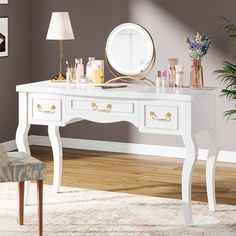 a white desk with a mirror and various items on it in front of a chair