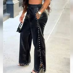 Decorative Silver Up The Sides- Runs Big Get A Size Down From Your Normal Size Small-Large Available -Lady Diva Fashion Leather Wide Leg Pants, Women High Waist Pants, Black Korean, Outfits Y2k, Vintage Flare, Street Trends, Style Noir, Pantalon Large, Faux Leather Pants