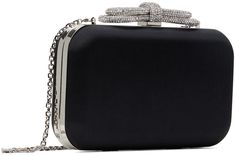 Structured satin clutch in black. · Detachable curb chain shoulder strap · Crystal-cut bow appliqué at clasp · Hinged closure · Grained leather lining · H4.5 x W8 x D2 Supplier color: Black Black Rectangular Bag For Gala, Designer Black Evening Bag For Party, Designer Black Evening Bag For Events, Formal Rectangular Bag With Bow, Black Rectangular Gala Bag, Elegant Clutch Bag With Bow, Black Rectangular Evening Bag For Cocktail, Formal Clutch Bag With Bow, Elegant Black Bag With Bow