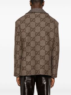 Gucci Maxi GG-jacquard Wool Jacket - Farfetch Brown Gucci Outerwear With Pockets, Gucci Brown Outerwear With Pockets, Luxury Jacquard Knit Winter Outerwear, Brown Wool Outerwear With Patch Pockets, Wool Jacquard Knit Outerwear For Work, Brown Long Sleeve Blazer With Hidden Button Closure, Classic Jacquard Knit Outerwear For Work, Brown Sport Coat With Patch Pockets For Winter, Brown Wool Tweed Jacket With Patch Pockets