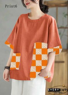 Women Print3 O Neck Print Patchwork Linen T Shirt Top Summer