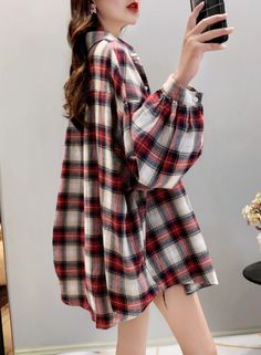 Loose Plaid Long-Sleeved Shirt | Hyunjin - Loona Red S Casual Red Long Sleeve Blouse, Hyunjin Loona, Kpop Shirts, Fashion Chingu, Plaid Design, Long Sleeve Shirts, Loose Fitting, Blue Color, Plaid