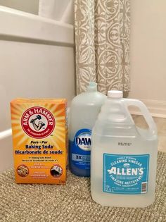 two gallon jugs of detergent, one soap barbeque and the other cleaning products