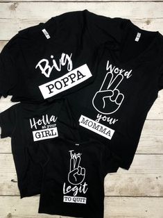 three t - shirts with the words popa and hand gestures on them, all printed in white