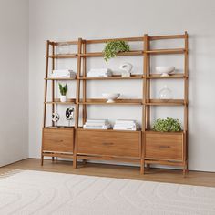 a wooden shelf filled with books and plants on top of a white carpeted floor