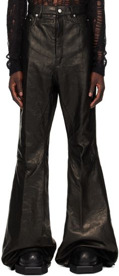 Flared buffed lambskin trousers. · Belt loops · Six-pocket styling · Button-fly · Creased legs · Silver-tone logo-engraved hardware Supplier color: Black Designer Black Leather Bottoms, Designer Leather Bottoms With Belt Loops, Leather Trousers, Mode Inspo, Fall 2024, Rick Owens, Bottoms Pants, Apparel Accessories, Silver Tone