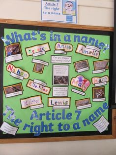 a bulletin board with pictures and words on it that say what's in a name