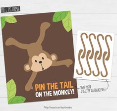 two cards with monkeys on them and the words pin the tail on the monkey in brown