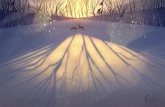 two animals are standing in the snow at sunset