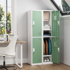 a green locker next to a white desk and chair in a room with a window