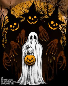 a halloween poster with pumpkins and ghost hands