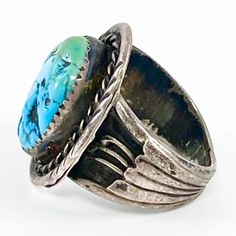 Old Pawn Vintage Navajo Turquoise Sterling Silver Ring No Markings Tested As Sterling Silver Verified Kingman Turquoise Total Weight ~ 14.1 Grams Bandwidth ~ 4 - 16mm Setting ~ 2 X 2.75cm Kingman Turquoise ~ 1.5 X 2cm X 4mm Circa 1960s Size 11 1/4 Us Made In The Usa Handmade Aboriginal Native American Indigenous Wearable Art Collectible Investment Legacy Jewelry Statement Piece Father’s Day Gift Urban Chic Cowboy Carter Style Western Chic Urban Cowboy #3923 Cowboy Carter, Urban Cowboy, Western Chic, Navajo Turquoise, Jewelry Statement, Kingman Turquoise, Vintage Navajo, Mens Accessories Jewelry, Urban Chic