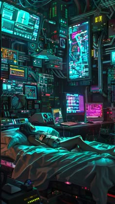 a bed in a room filled with lots of computer monitors and other electronic equipment on the wall