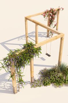 a wooden structure with plants growing out of it and hanging from the side, in front of a white background