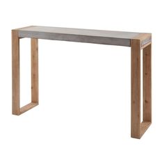 a wooden table with metal legs on a white background