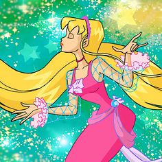 a cartoon girl with long blonde hair and pink dress, flying through the air in front of stars