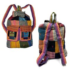 These bright, colorful, handcrafted bags make a great gift. Spacious and comfortable, they are perfect for travel or a casual day out. Available as shoulder bags or backpacks. Shoulder bags have a both a zipper and button closure, as well as an extra inside zipper pocket. Backpacks have a button and drawstring closure, adjustable straps, and loop for hanging. Please choose style in drop down menu. Photos show examples of bag styles. Colors are miscellaneous and will vary. Made of 100% cotton. Casual Multicolor Bags With Large Capacity, Casual Multicolor Large Capacity Bag, Casual Multicolor Canvas Bag With Large Capacity, Casual Multicolor Large Capacity Canvas Bag, Large Capacity Rectangular Cotton Backpack, Travel Cotton Bag With Patchwork, Cotton Patchwork Bag For Travel, Casual Multicolor Bucket Bag Satchel, Multicolor Casual Canvas Travel Bag