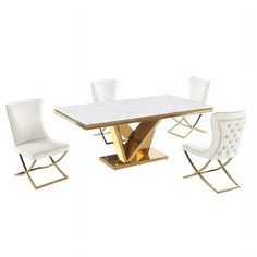 a dining table with white chairs and a marble top in gold metal frame, set against a white background