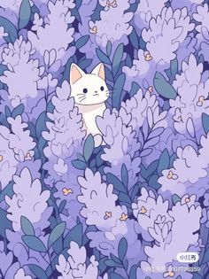 a white cat sitting in the middle of purple flowers with green leaves on it's sides