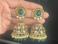 High quality Victorian finish earrings. Mossanite studded earrings. Lightweight Green Jeweled Fusion Earrings, Heavy Silver Jhumkas For Reception, Traditional Silver Jeweled Jhumkas, Green Fusion Bridal Earrings With Hand Set, Heavy Silver Chandbalis For Reception, Silver Jeweled Chandbali Earrings, Jeweled Silver Chandbalis For Festive Occasions, Hand-set Green Bridal Earrings, Silver Fusion Jhumkas For Reception