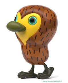 a cartoon bird with big blue eyes and yellow beak