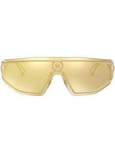 Gold-tone metal V-Powerful shield sunglasses from VERSACE EYEWEAR featuring shield frame, mirrored lenses, Medusa-head motif, nose pads, sculpted arms and curved tips. We know you'll look after them, but these glasses come with protection, just in case.. | Versace V-Powerful shield sunglasses Luxury Gold Shield Sunglasses With Uva Protection, Luxury Shield Sunglasses With Uv Protection, Designer Shield Sunglasses With Mirrored Lenses For Summer, Luxury Gold Shield Sunglasses With Uv Protection, Designer Gold Shield Sunglasses With Gradient Lenses, Luxury Shield Sunglasses With Mirrored Lenses For Summer, Luxury Shield Sunglasses With Uva Protection For Summer, Luxury Anti-reflective Shield Sunglasses For Summer, Luxury Tinted Lens Shield Sunglasses For Summer