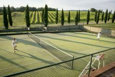 two people playing tennis on an outdoor court surrounded by trees and grass, in front of a vineyard