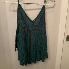 Size Small, Never Worn. Gold Beaded Detail, Adjustable Straps Green Bohemian Tops With Tassels, Bohemian Green Tops With Tassels, Green Bohemian Cami Tank Top, Green Hippie V-neck Top, Free People Tank Top, Brown Hoodie, Free People T-shirts & Tank Tops, Long Tank Tops, Rayon Top