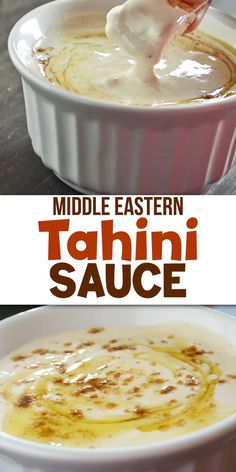 Ramekins of a creamy salty tahini sauce with Pinterest overlay. Sandwiches Grilled, Middle East Recipes, Grilled Meats, Egyptian Food, Condiment Recipes, Bbq Sauce Recipe, Eastern Cuisine, Tahini Sauce, Lebanese Recipes