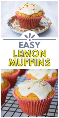 lemon muffins with icing and sprinkles on top are shown