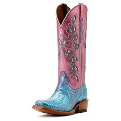 A modern take on tradition for today's cowgirl, this dreamy boot is a stunner. Iridescent lizard leather shines under the rodeo lights, while vintage-inspired floral inlays turn heads around town. An extra layer of heel-to-toe cushioning provides maximum comfort in and out of the stirrup. Futurity Silk Western Boot | Product Features : 0 : ATS® technology provides ergonomic support on uneven terrain, 1 : TekStep provides toe-to-heel cushion for comfort, 2 : Removable Pro Performance insole for c Pink Cowboy Boots, Heel Tap, Pink Things, Dream Closets, Pink Boots, Western Boot, Shoe Lover, Vegetable Tanned Leather, Pretty Pink