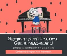 a cartoon mouse sitting at a piano with the words summer piano lessons get a heads - start