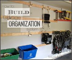 a garage organization system with organized items on the wall and below it is an image of several storage bins